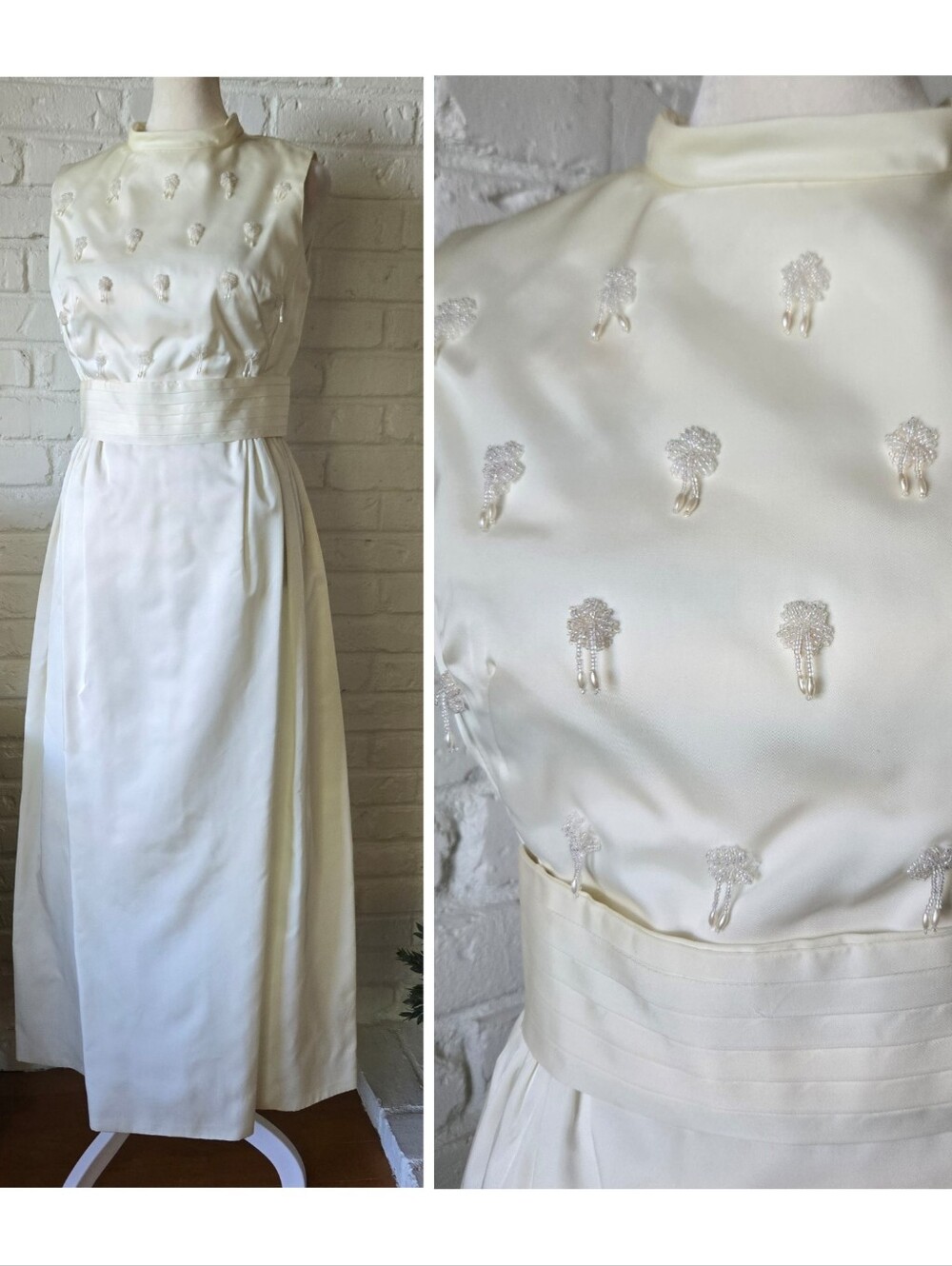 Vtg 60s 70s Ivory Bead + Pearl Embellished Wedding Gown, S
